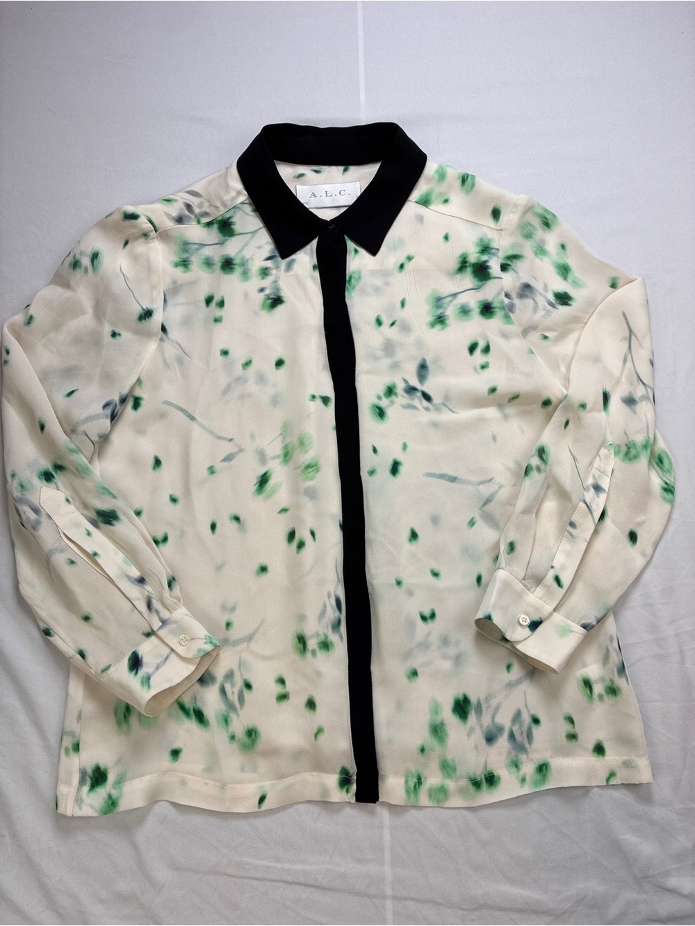 A.L.C. Gillian Print Silk Blouse Cream with Green Abstract Leaves and Black Trim